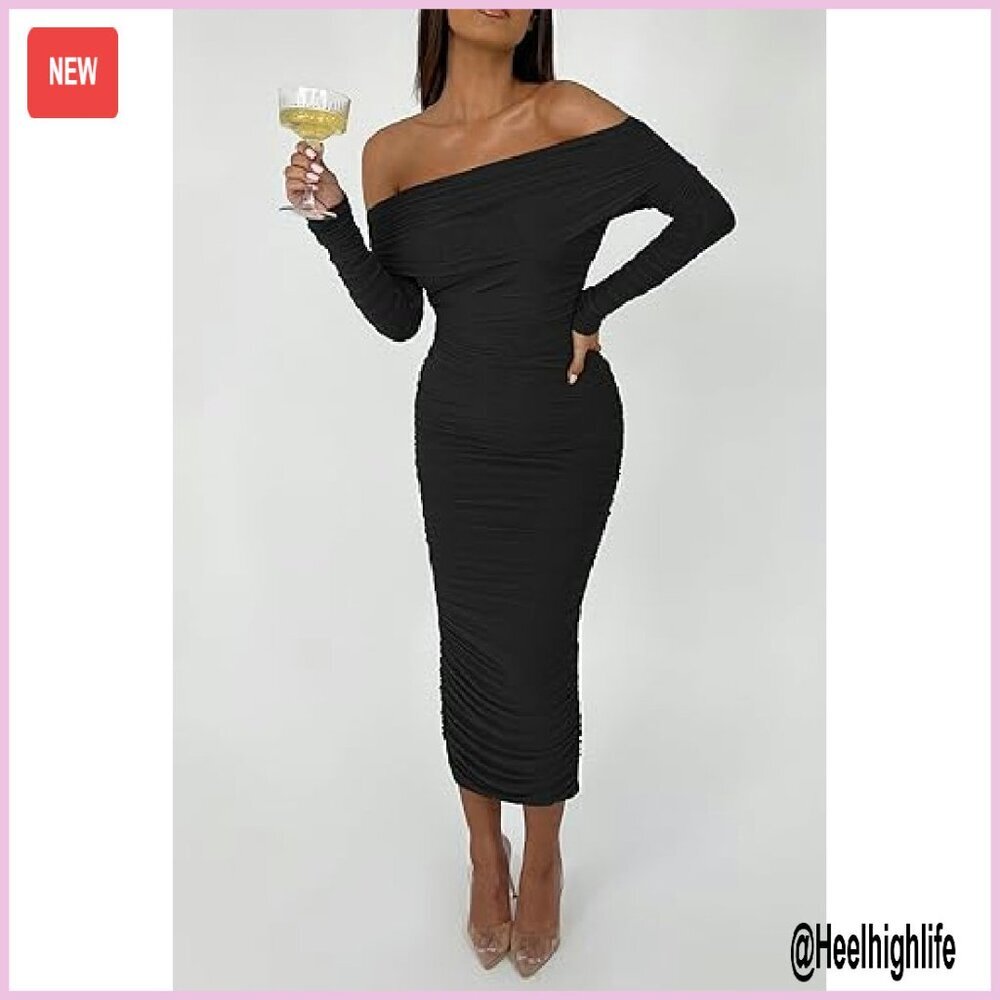 Long Sleeve Off Shoulder Maxi Dress Bodycon Ruched Slit Formal Club - Picture 6 of 8